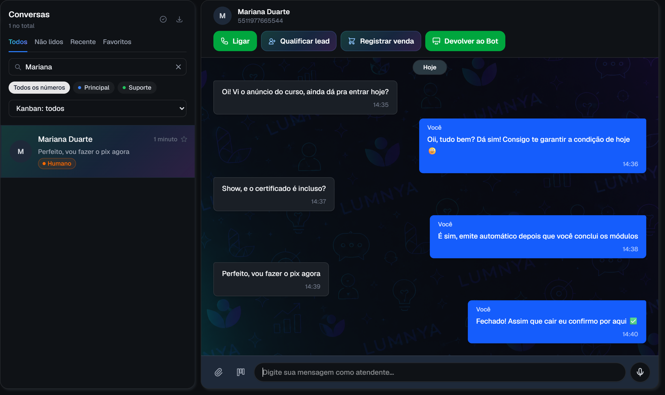 Tela de Conversas da Lumnya: atendimento real pelo WhatsApp com venda sendo fechada